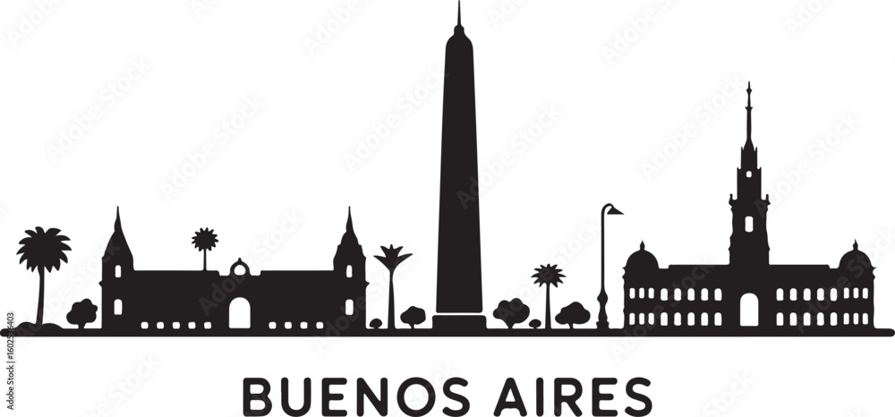 Buenos Aires Skyline Silhouette Vector — Obelisco and Casa Rosada in Black