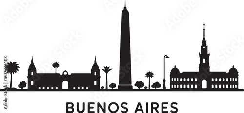Buenos Aires Skyline Silhouette Vector — Obelisco and Casa Rosada in Black