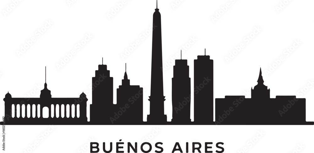 Fototapeta premium Buenos Aires Skyline Silhouette Vector — Obelisco and Casa Rosada in Black