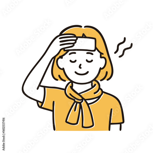 Heat‑stroke prevention – woman cooling forehead with cold pack, minimal line art illustration