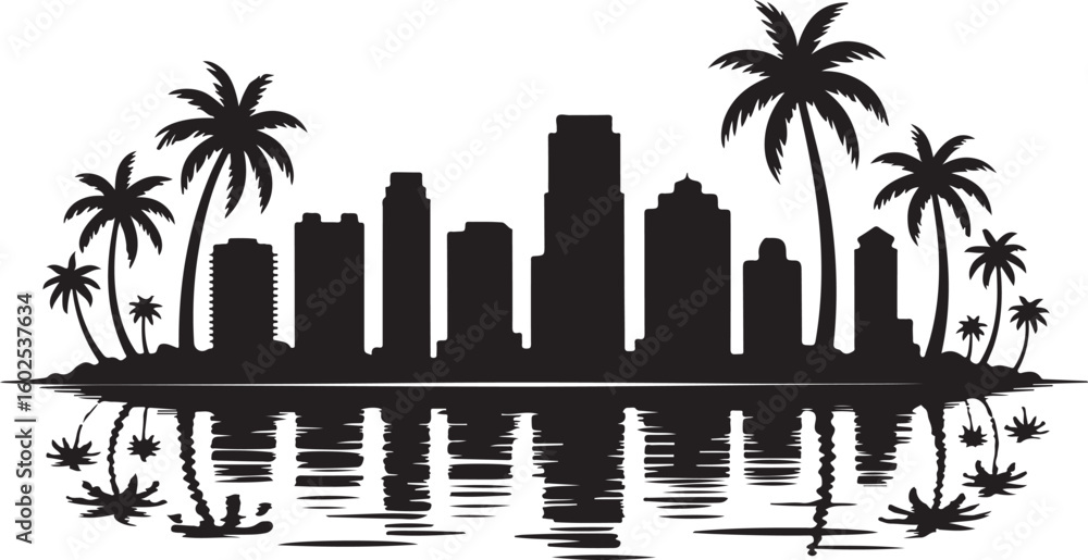 Fototapeta premium Miami Skyline Silhouette Vector — Palm Trees and High-Rise Beach Buildings
