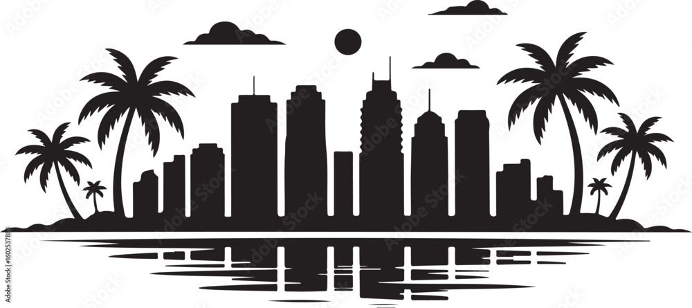 Naklejka premium Miami Skyline Silhouette Vector — Palm Trees and High-Rise Beach Buildings