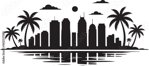 Miami Skyline Silhouette Vector — Palm Trees and High-Rise Beach Buildings