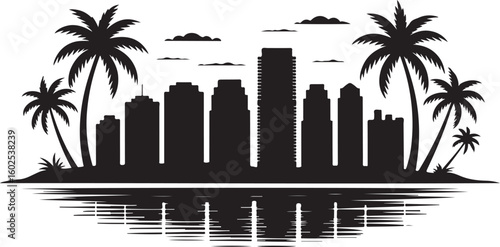 Miami Skyline Silhouette Vector — Palm Trees and High-Rise Beach Buildings