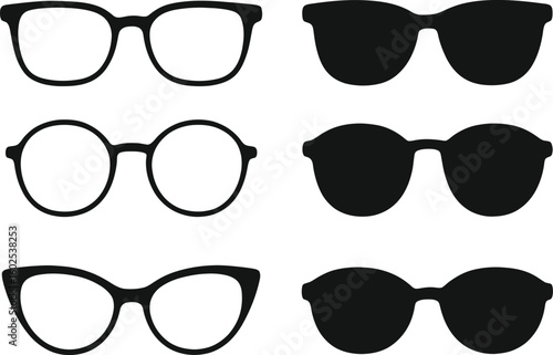 Collection of six different styles of eyeglasses and sunglasses