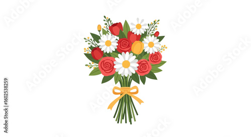 Elegant floral bouquet illustration with roses and daisies, perfect for celebrations 50 characters, maximum 100 characters, make the result into 1