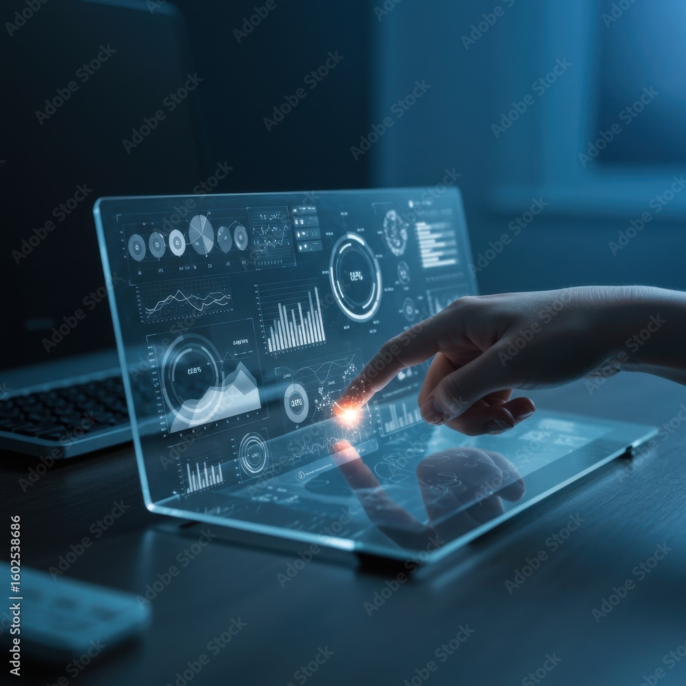 Fototapeta premium Interactive Data Visualization on Futuristic Transparent Screen: Modern Technology and Digital Analytics