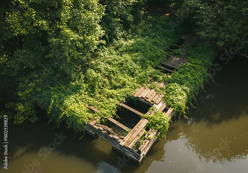Decaying wooden structure overgrown with vegetation