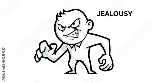 Illustration of an irate cartoon character exhibiting possessiveness and discontent due to jealousy emotions displayed through an intense and