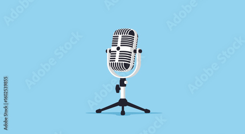Retro microphone stands poised on a blue backdrop offering a visual representation of audio technology and broadcasting equipment
