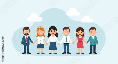 Diverse team of cartoon people holding hands, symbolizing unity and collaboration in a friendly atmosphere with stylized clouds background