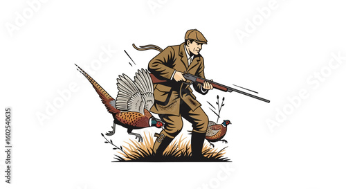 Hunter in pursuit: A vintage-inspired scene of a sportsman chasing pheasants across an open field evoking rustic tradition