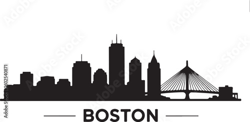 Boston Skyline Silhouette Vector Featuring Prudential Tower and Zakim Bridge