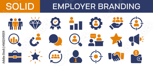 Employer branding solid website icons with icons of manager, branding, money, meeting, support, chat, analytics, on white background 