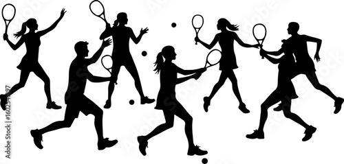 Tennis Players in Action Silhouette