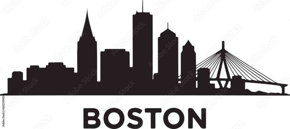 Obraz premium Boston Skyline Silhouette Vector Featuring Prudential Tower and Zakim Bridge