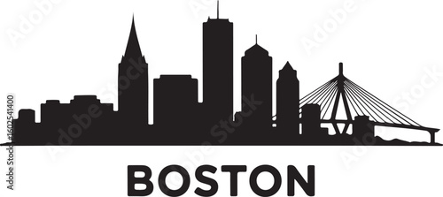 Boston Skyline Silhouette Vector Featuring Prudential Tower and Zakim Bridge