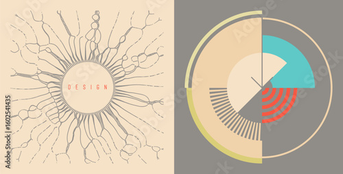 Art composition. Abstract geometrical background. Small particles on radial lines diverge from the centre. Solar or stellar radiation. Vector for cover, brochure, poster, card, poster, flyer or banner