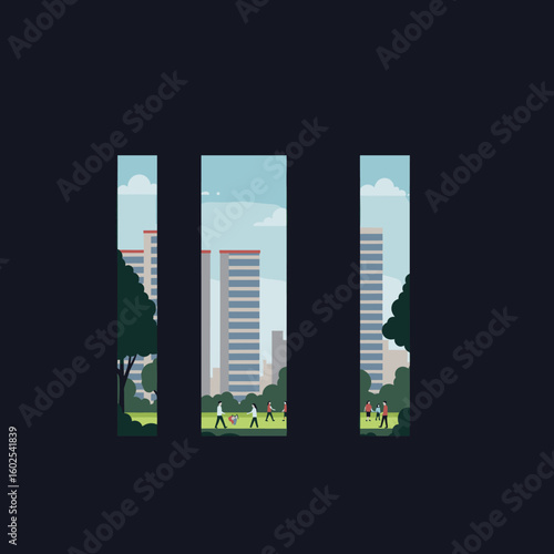 This illustration shows a view of a city park between modern buildings, where people are walking and enjoying outdoor spaces, highlighting Singapore's balance between urban and green spaces.