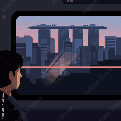 This illustration shows a view of a city park between modern buildings, where people are walking and enjoying outdoor spaces, highlighting Singapore's balance between urban and green spaces.