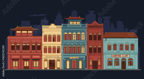 The illustration shows a row of traditional shophouses set in Singapore, blending old architecture with modern skyscrapers in the background