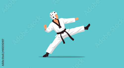 Dynamic taekwondo athlete executes a forceful kick, embodying discipline and focus in martial arts practice and competition readiness