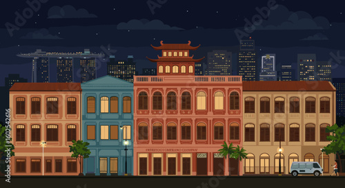 The illustration shows a row of traditional shophouses set in Singapore, blending old architecture with modern skyscrapers in the background