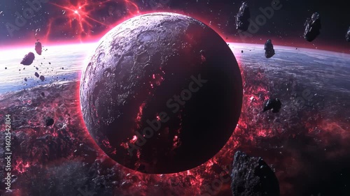 Planet destruction in space, cosmic collision, fiery explosion