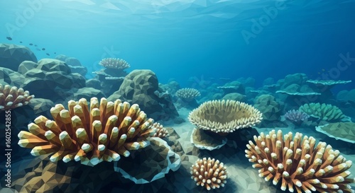 Stunning Low Poly Coral Reef Underwater Scene: Vibrant Ocean Life Background