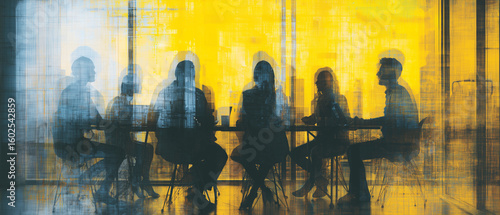 abstract grunge background with business meeting concept; yellow and black modern long exposure aesthetic vibrant illustration with team of businesspeople working together