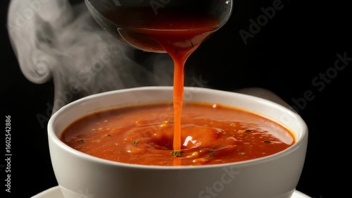 Bowl of tomato soup pouring
