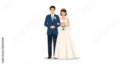 Elegant Wedding Day Illustration: Newlyweds in Formal Attire Posing on Isolated Background