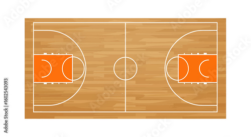 Detailed Overhead View of a Classic Wooden Basketball Court with Orange Keyways