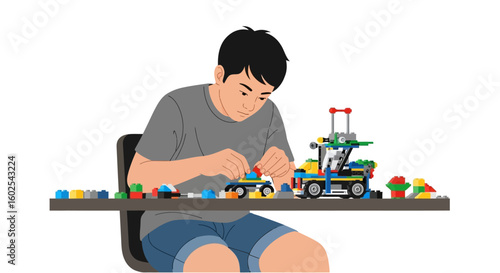 Concentrated Focus: Boy Engaged in Creative Construction with Toy Blocks at Home Recreationally