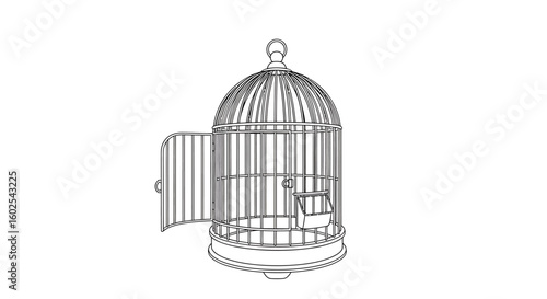 Elegant monochrome line illustration of a vintage birdcage showcasing freedom and delicate craftsmanship offering a nostalgic feel for creative