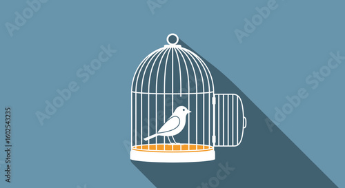 Stylized illustration featuring a bird confined within a decorative cage with an open door on a blue background