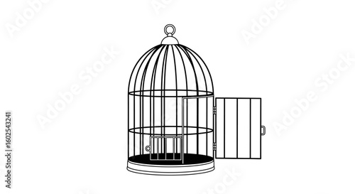 Stylized monochrome illustration featuring an open birdcage with minimalist design, evoking concepts of freedom and confinement