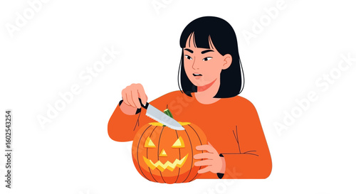 Intrigued woman carves a classic grinning jack-o'-lantern in preparation for seasonal autumn celebrations, creating a festive Halloween decoration