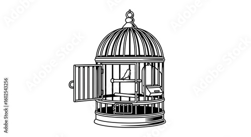 Monochrome illustration of an open birdcage with a bird inside on a clean white background