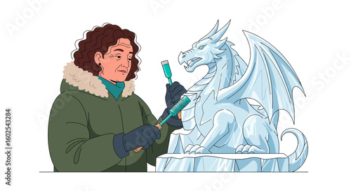 Artistic expression in frozen form: A woman creates a magnificent ice dragon sculpture outdoors