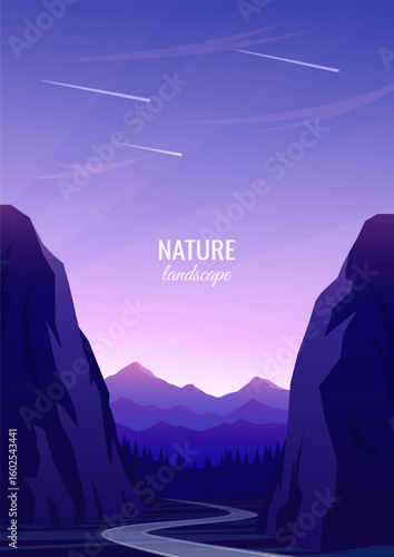 Road running between steep cliffs. Silhouettes of mountain ranges and hills in the distance. Night sky, twilight. Concept of travel, tourism. Vector illustration.	Not generated AI.