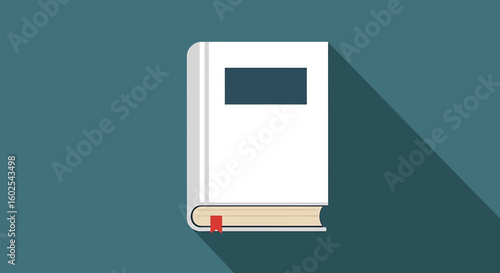 Minimalistic depiction of a book with blank cover and a long shadow cast across a teal background plain illustration