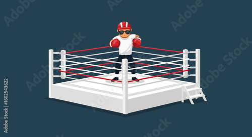 Boxer cartoon character standing inside a boxing ring ready for fight championship competition illustration