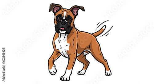Dynamic digital illustration showcasing a brown and white boxer dog with wagging tail isolated on clean white background creating a cheerful and