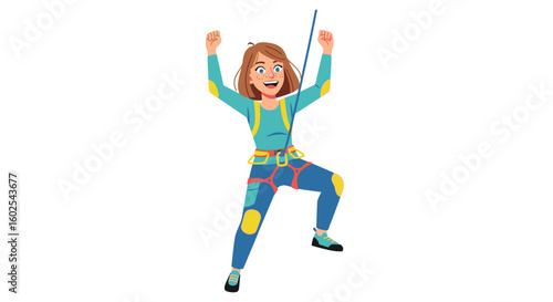 Enthusiastic cartoon climber celebrates reaching the summit with joy and triumphant arm raise, embodying the spirit of adventure and determination