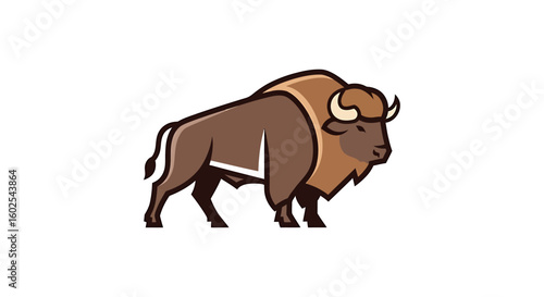 Stylized bison illustration, a wild animal with a strong and brave character, in a minimalist and elegant design with well-defined geometric lines
