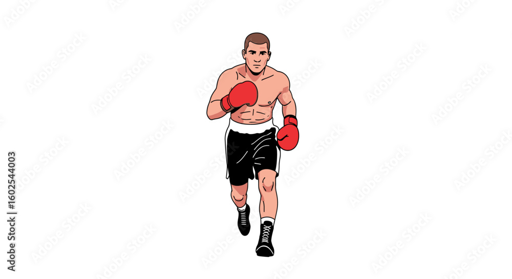 Obraz premium Dynamic cartoon depiction of determined male boxer training in ring with focused gaze and powerful gloves striking an advancing pose