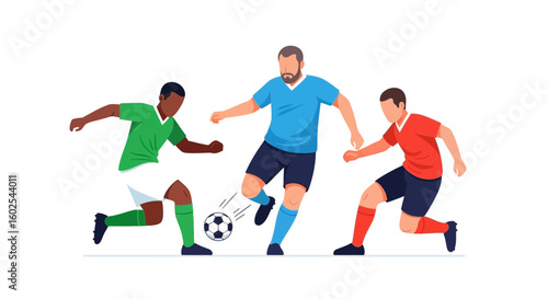 Dynamic football match with players in vibrant jerseys, illustration of teamwork and sportsmanship on a clean white background capturing the thrill