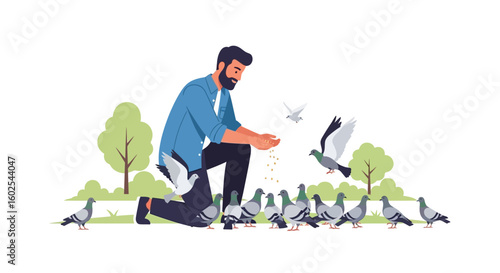 Man Feeding Pigeons in a Park, Depicting Connection with Wildlife and Calm Leisure Time Outdoors