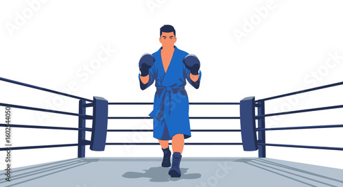 Boxer's entrance illustrated with a minimalist flat design style ready for competitive fight inside a boxing ring atmosphere under spotlights for